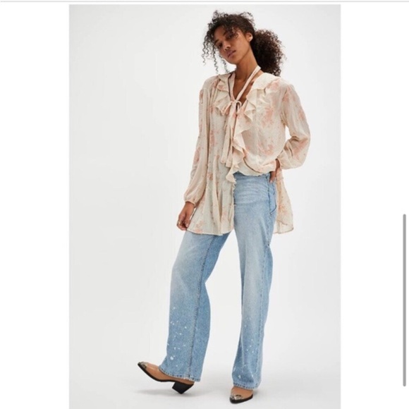 Free People Dreamland cream peach pink Floral button down sheer top size Small - Picture 4 of 5